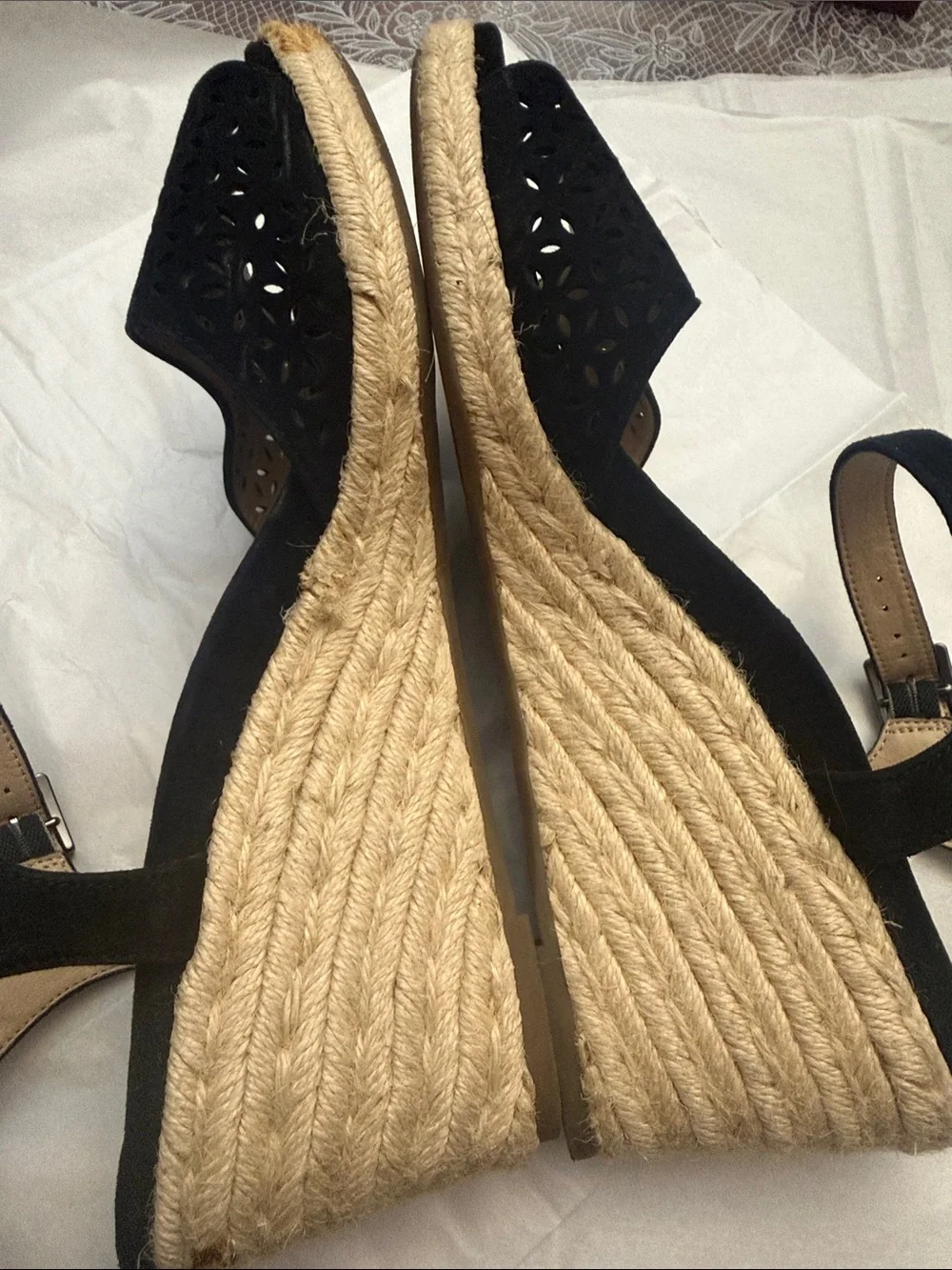Vionic Black Laser-Cut Wedge Slingback Sandals